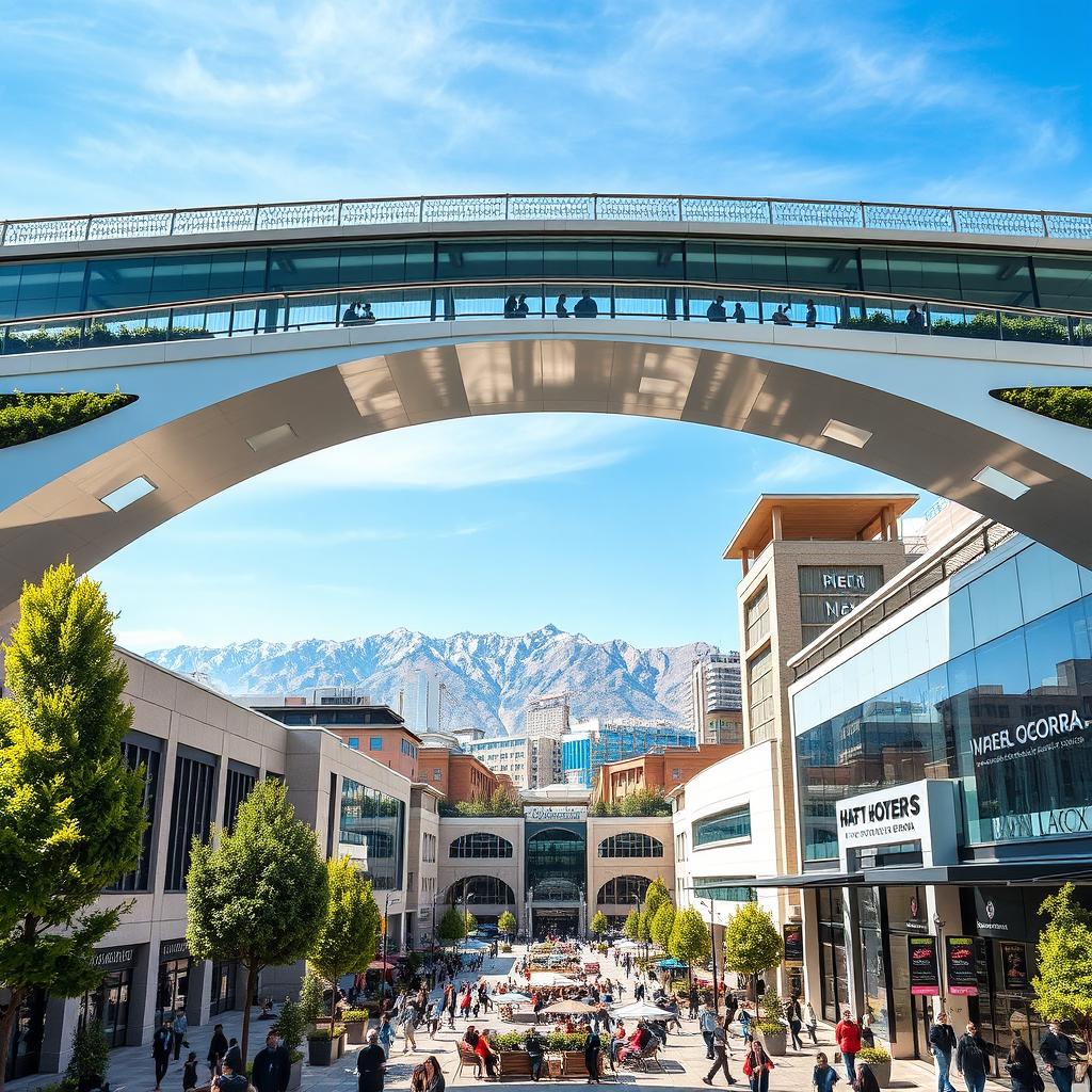 A picturesque view of Haft Hozeh Square in Tehran featuring a modern pedestrian bridge elegantly arching over the square, connecting to a stylish mall on one side