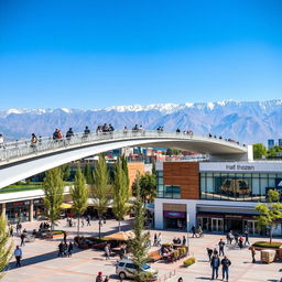 A picturesque view of Haft Hozeh Square in Tehran featuring a modern pedestrian bridge elegantly arching over the square, connecting to a stylish mall on one side