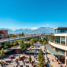 A picturesque view of Haft Hozeh Square in Tehran featuring a modern pedestrian bridge elegantly arching over the square, connecting to a stylish mall on one side