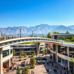 A picturesque view of Haft Hozeh Square in Tehran featuring a modern pedestrian bridge elegantly arching over the square, connecting to a stylish mall on one side