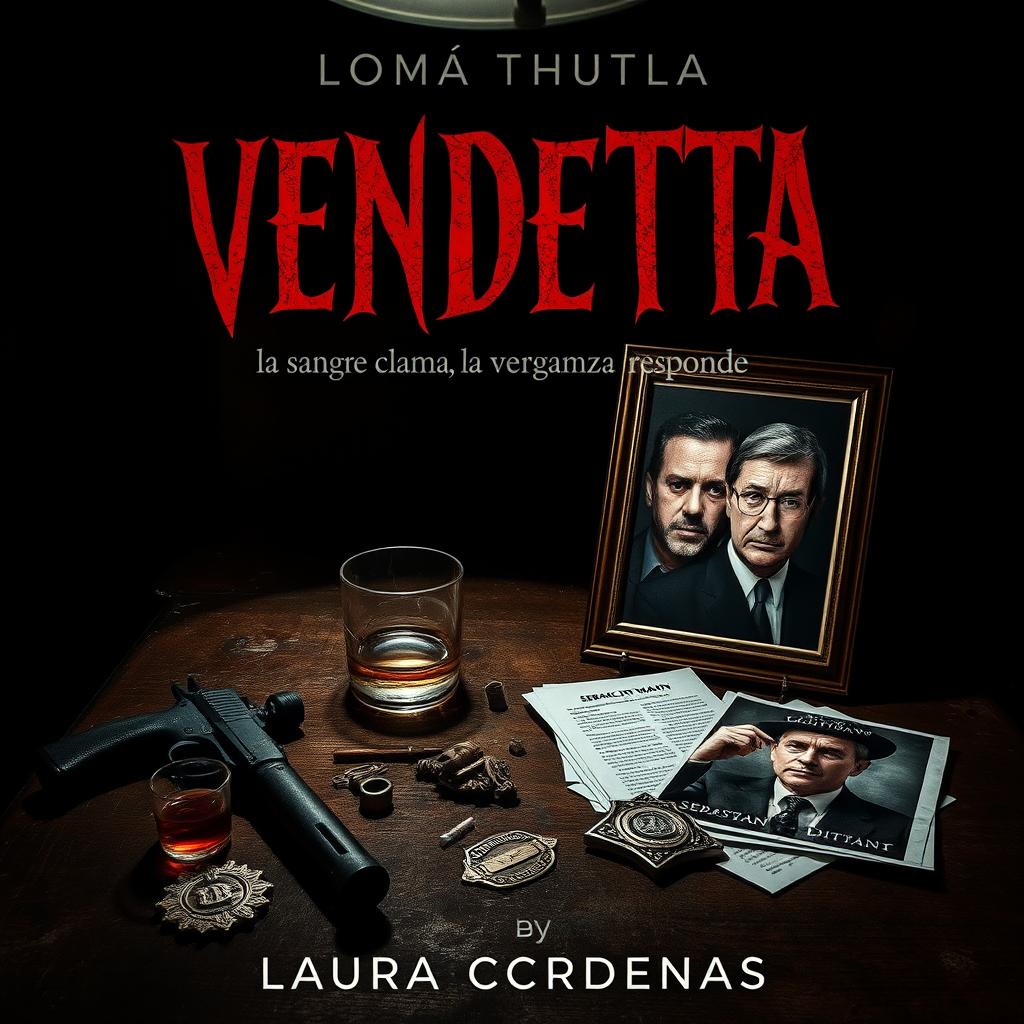 A dark and atmospheric book cover for the title “VENDETTA: la sangre clama, la venganza responde” by Laura Cárdenas