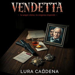 A dark and atmospheric book cover for the title “VENDETTA: la sangre clama, la venganza responde” by Laura Cárdenas
