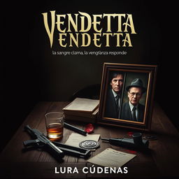 A dark and atmospheric book cover for the title “VENDETTA: la sangre clama, la venganza responde” by Laura Cárdenas