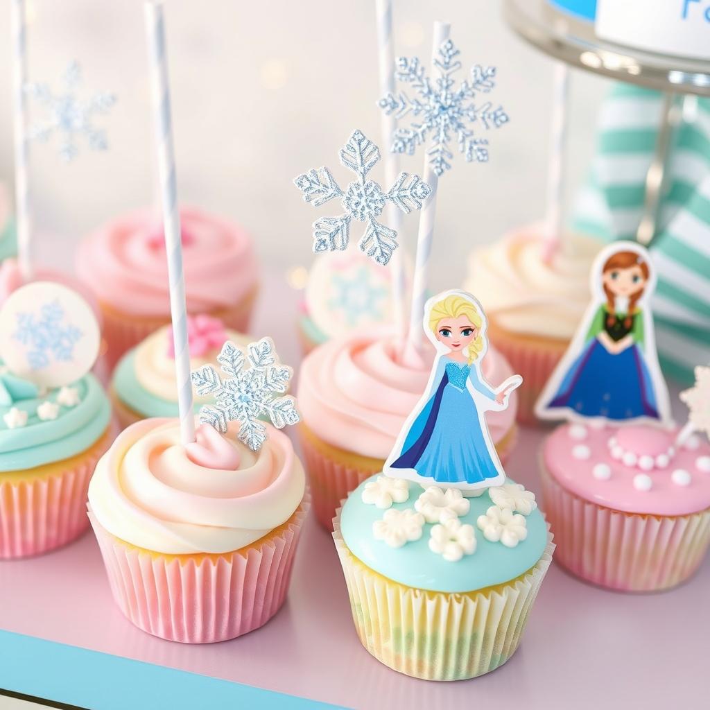 A delightful birthday party favor themed around the bakery concept from the movie Frozen, featuring elements like sparkling snowflakes, colorful cupcakes adorned with frosting, and charming decorations inspired by Anna and Elsa