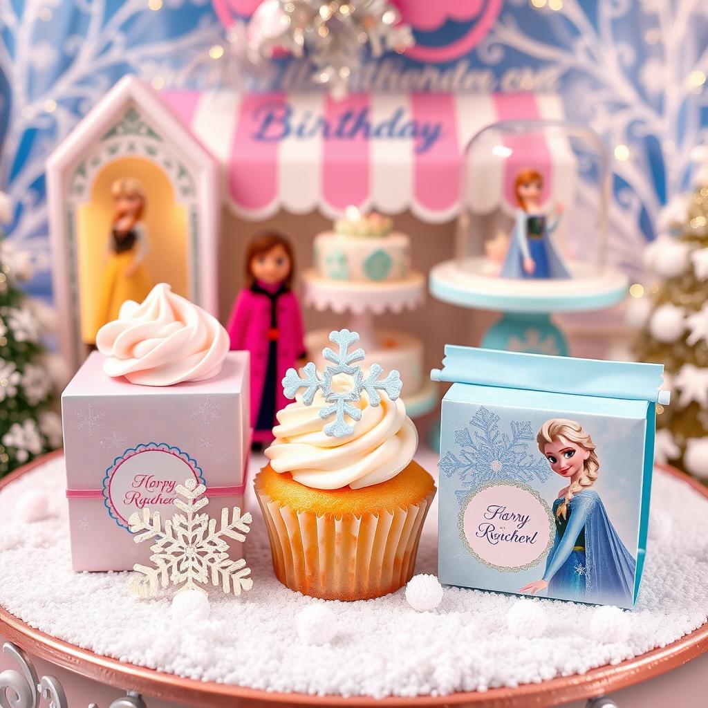 A charming birthday party favor inspired by the bakery theme from Frozen, showcasing delightful elements such as whimsical cupcakes with frosted toppings, elegant snowflake designs, and pastel colored packaging decorated with characters like Anna and Elsa