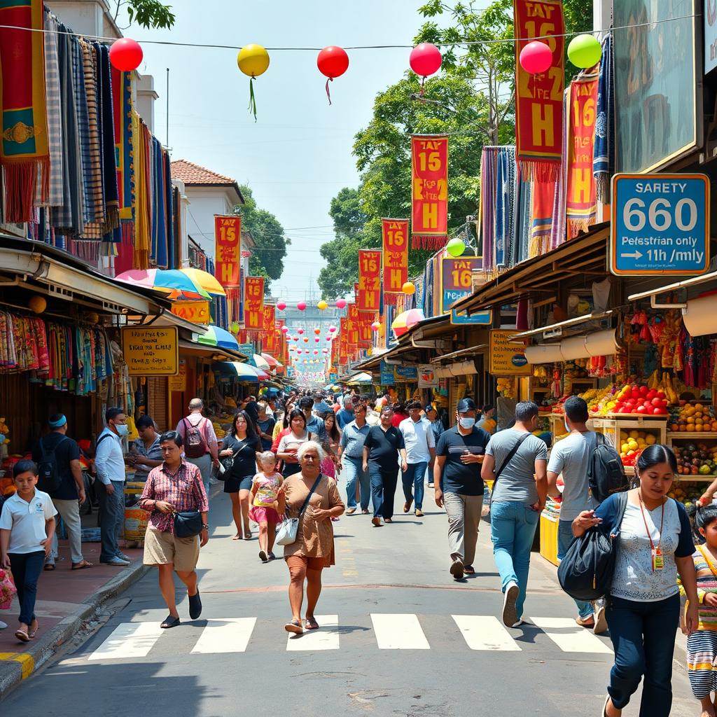 A bustling bazaar scene showcasing vibrant stalls filled with colorful textiles, fresh produce, and handcrafted items