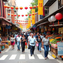 A bustling bazaar scene showcasing vibrant stalls filled with colorful textiles, fresh produce, and handcrafted items
