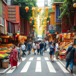 A bustling bazaar scene showcasing vibrant stalls filled with colorful textiles, fresh produce, and handcrafted items