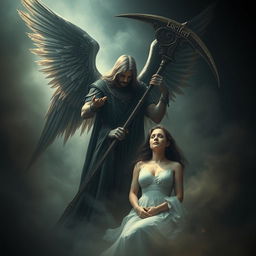 An evocative image of Azrael, the angel of death, in the process of taking the soul of a woman