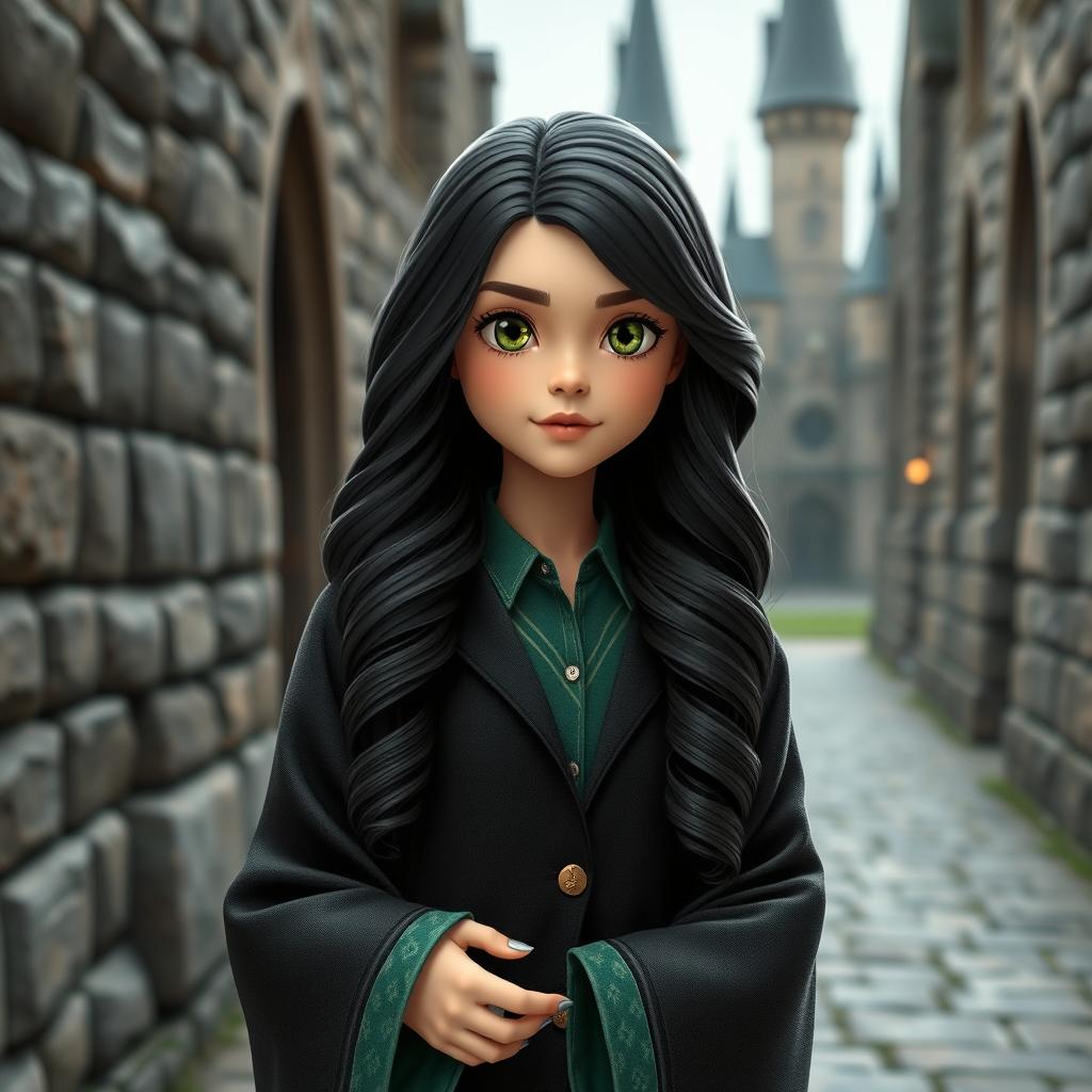 A 12-year-old Slytherin girl student from Hogwarts, standing confidently at 144 cm