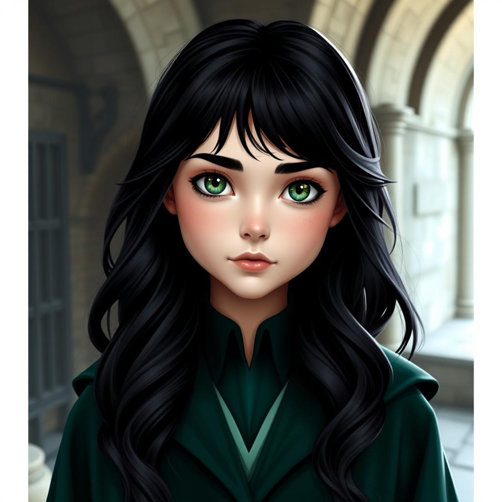 A 12-year-old Slytherin girl student from Hogwarts, standing at 144 cm