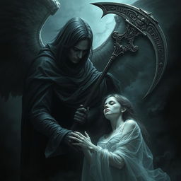 A chilling image of Azrael, the angel of death, taking the soul of a woman