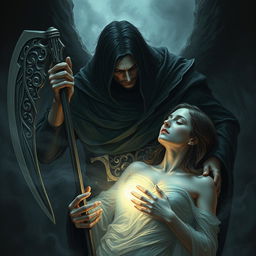 A chilling image of Azrael, the angel of death, taking the soul of a woman