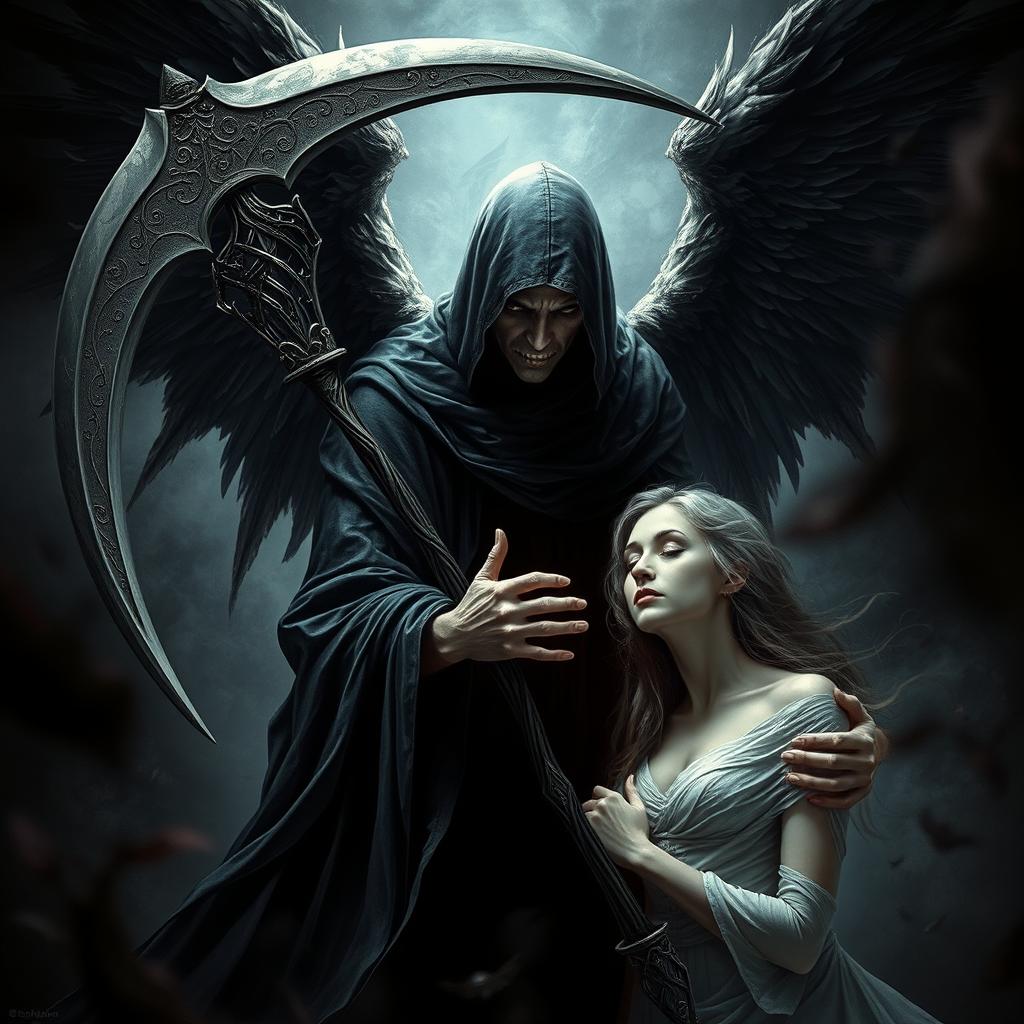 A chilling image of Azrael, the angel of death, taking the soul of a woman