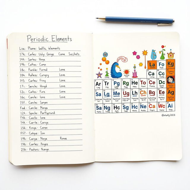 A creative illustration showing the representative elements on the right side of the paper, depicted artistically with vibrant colors and imaginative representations for each element