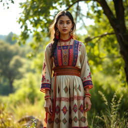 A beautiful portrait showcasing a traditional Kurmanji costume, featuring intricate embroidery and vibrant colors