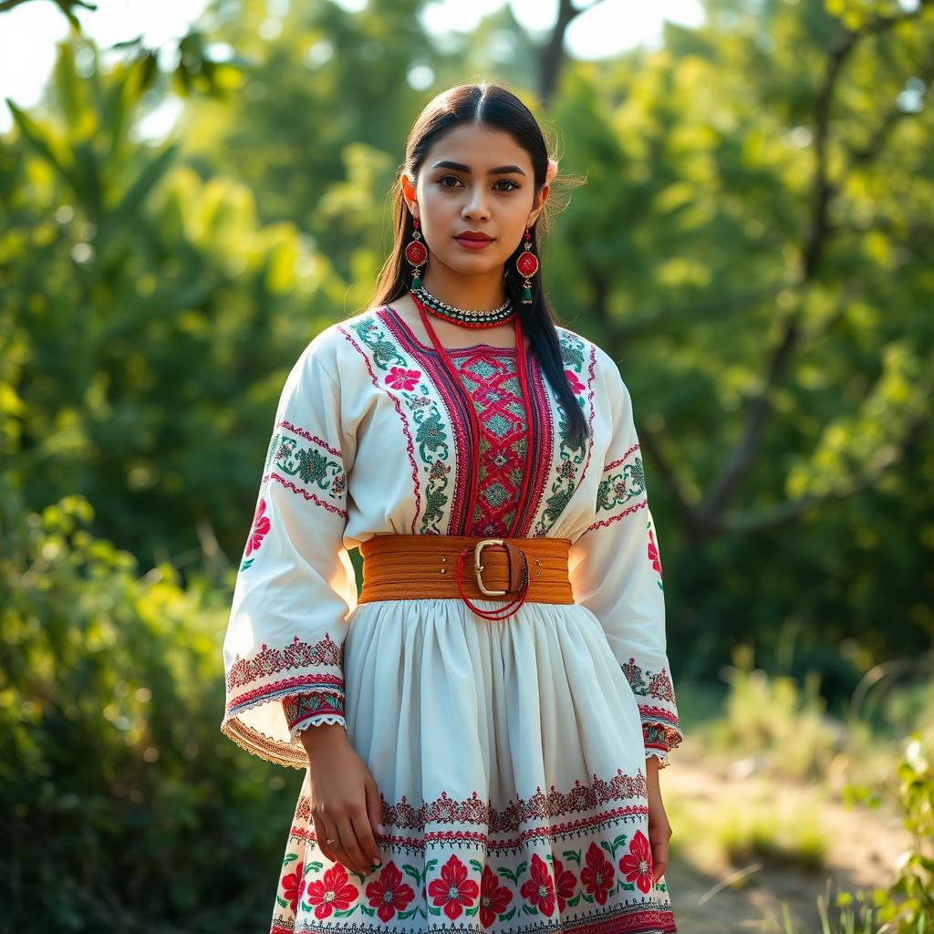 A beautiful portrait showcasing a traditional Kurmanji costume, featuring intricate embroidery and vibrant colors