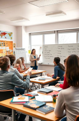 A vibrant and engaging image of a modern classroom where a TEFL (Teaching English as a Foreign Language) class is taking place