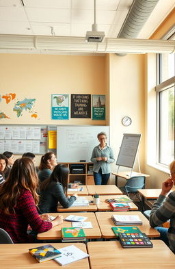 A vibrant and engaging image of a modern classroom where a TEFL (Teaching English as a Foreign Language) class is taking place