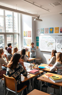 A vibrant and engaging image of a modern classroom where a TEFL (Teaching English as a Foreign Language) class is taking place
