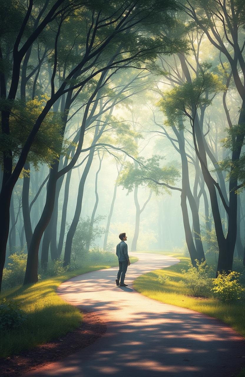 A serene landscape embodying the journey of an introverted soul, featuring a winding path through a tranquil forest filled with gently swaying trees and soft, dappled sunlight filtering through the leaves