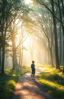 A serene landscape embodying the journey of an introverted soul, featuring a winding path through a tranquil forest filled with gently swaying trees and soft, dappled sunlight filtering through the leaves