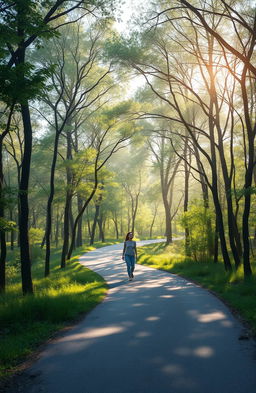 A serene landscape embodying the journey of an introverted soul, featuring a winding path through a tranquil forest filled with gently swaying trees and soft, dappled sunlight filtering through the leaves