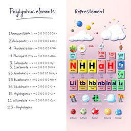 A split educational illustration showcasing the representative elements and polyatomic ions: On the left side, a detailed list of polyatomic ions with their names and chemical formulas, beautifully handwritten