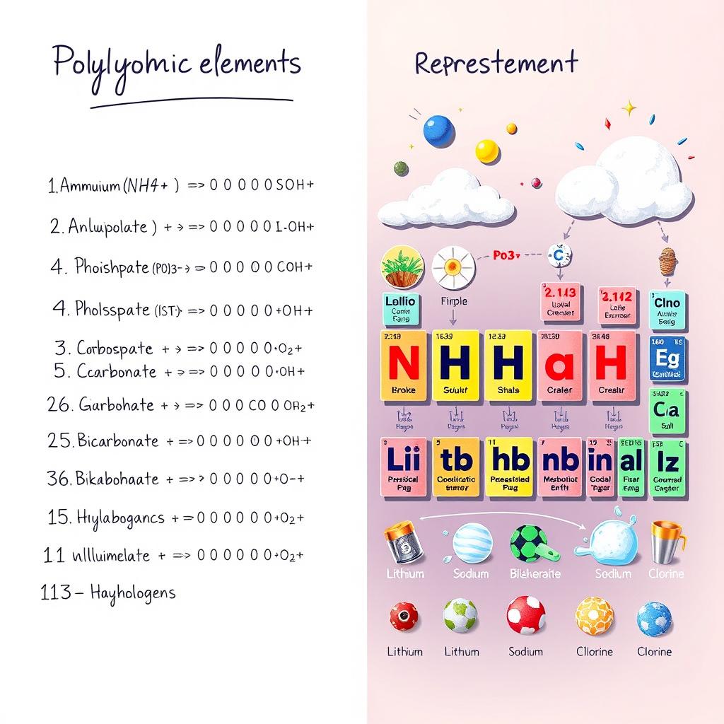A split educational illustration showcasing the representative elements and polyatomic ions: On the left side, a detailed list of polyatomic ions with their names and chemical formulas, beautifully handwritten