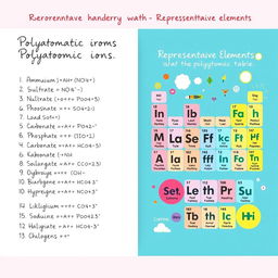 A split educational illustration showcasing the representative elements and polyatomic ions: On the left side, a detailed list of polyatomic ions with their names and chemical formulas, beautifully handwritten