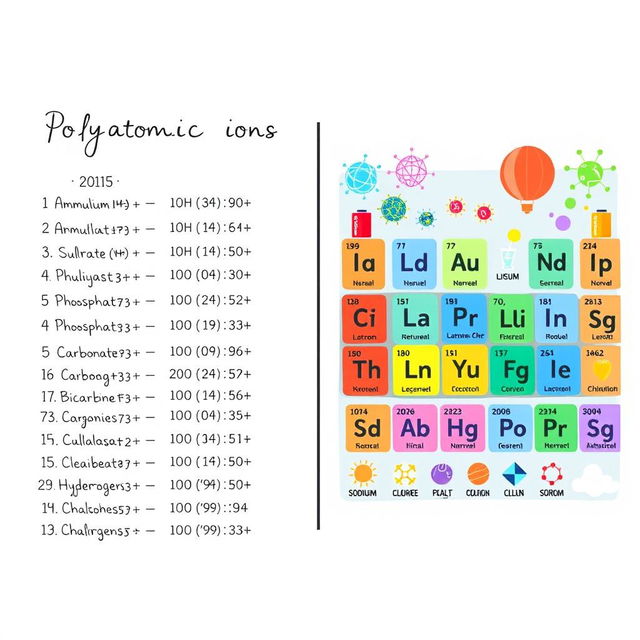 A split educational illustration showcasing the representative elements and polyatomic ions: On the left side, a detailed list of polyatomic ions with their names and chemical formulas, beautifully handwritten