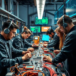 A vibrant and detailed scene of electrical engineering in action, showcasing a team of engineers working collaboratively in a modern laboratory filled with intricate circuit boards, cables, and high-tech equipment