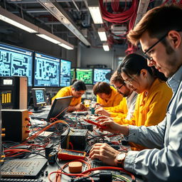 A vibrant and detailed scene of electrical engineering in action, showcasing a team of engineers working collaboratively in a modern laboratory filled with intricate circuit boards, cables, and high-tech equipment