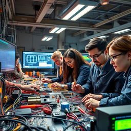A vibrant and detailed scene of electrical engineering in action, showcasing a team of engineers working collaboratively in a modern laboratory filled with intricate circuit boards, cables, and high-tech equipment