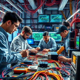 A vibrant and detailed scene of electrical engineering in action, showcasing a team of engineers working collaboratively in a modern laboratory filled with intricate circuit boards, cables, and high-tech equipment