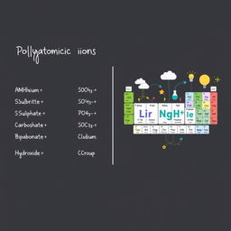 An engaging educational illustration divided into two sections: On the left side, a neatly organized list of polyatomic ions, each with its name and chemical formula in an aesthetically pleasing handwritten font, featuring ions such as Ammonium (NH4+), Nitrate (NO3-), Sulfate (SO4^2-), Phosphate (PO4^3-), Carbonate (CO3^2-), Bicarbonate (HCO3-), and Hydroxide (OH-)