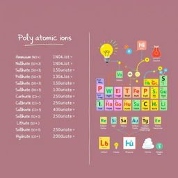 An engaging educational illustration divided into two sections: On the left side, a neatly organized list of polyatomic ions, each with its name and chemical formula in an aesthetically pleasing handwritten font, featuring ions such as Ammonium (NH4+), Nitrate (NO3-), Sulfate (SO4^2-), Phosphate (PO4^3-), Carbonate (CO3^2-), Bicarbonate (HCO3-), and Hydroxide (OH-)