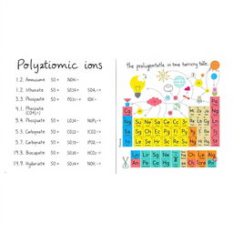 An engaging educational illustration divided into two sections: On the left side, a neatly organized list of polyatomic ions, each with its name and chemical formula in an aesthetically pleasing handwritten font, featuring ions such as Ammonium (NH4+), Nitrate (NO3-), Sulfate (SO4^2-), Phosphate (PO4^3-), Carbonate (CO3^2-), Bicarbonate (HCO3-), and Hydroxide (OH-)