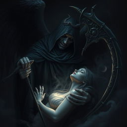 A haunting portrayal of Azrael, the angel of death, in the act of taking the soul of a woman