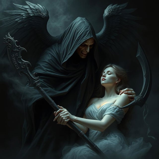 A haunting portrayal of Azrael, the angel of death, in the act of taking the soul of a woman