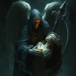 A haunting portrayal of Azrael, the angel of death, in the act of taking the soul of a woman