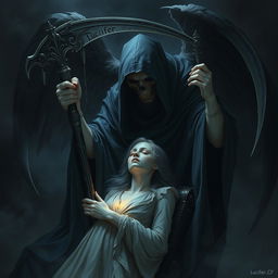 A haunting portrayal of Azrael, the angel of death, in the act of taking the soul of a woman