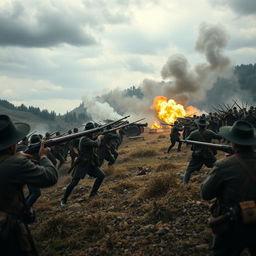 A dramatic scene portraying an intense old war setting, depicting soldiers in traditional military uniforms from the 19th century engaged in battle