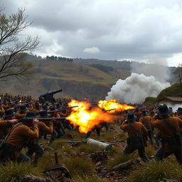 A dramatic scene portraying an intense old war setting, depicting soldiers in traditional military uniforms from the 19th century engaged in battle
