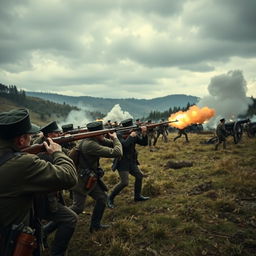 A dramatic scene portraying an intense old war setting, depicting soldiers in traditional military uniforms from the 19th century engaged in battle