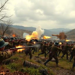A dramatic scene portraying an intense old war setting, depicting soldiers in traditional military uniforms from the 19th century engaged in battle