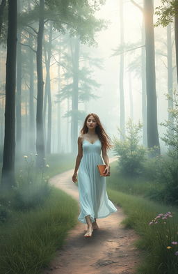 A serene depiction of an introverted woman's soul journey, illustrating a tranquil landscape that reflects inner peace