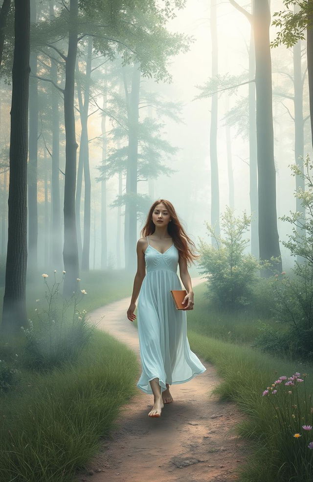A serene depiction of an introverted woman's soul journey, illustrating a tranquil landscape that reflects inner peace