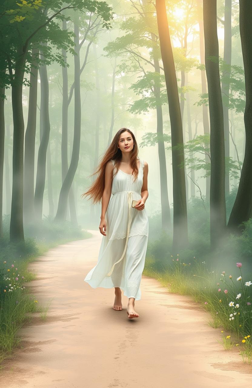 A serene depiction of an introverted woman's soul journey, illustrating a tranquil landscape that reflects inner peace