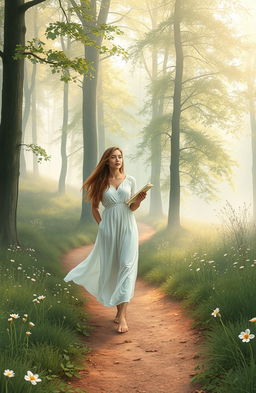 A serene depiction of an introverted woman's soul journey, illustrating a tranquil landscape that reflects inner peace